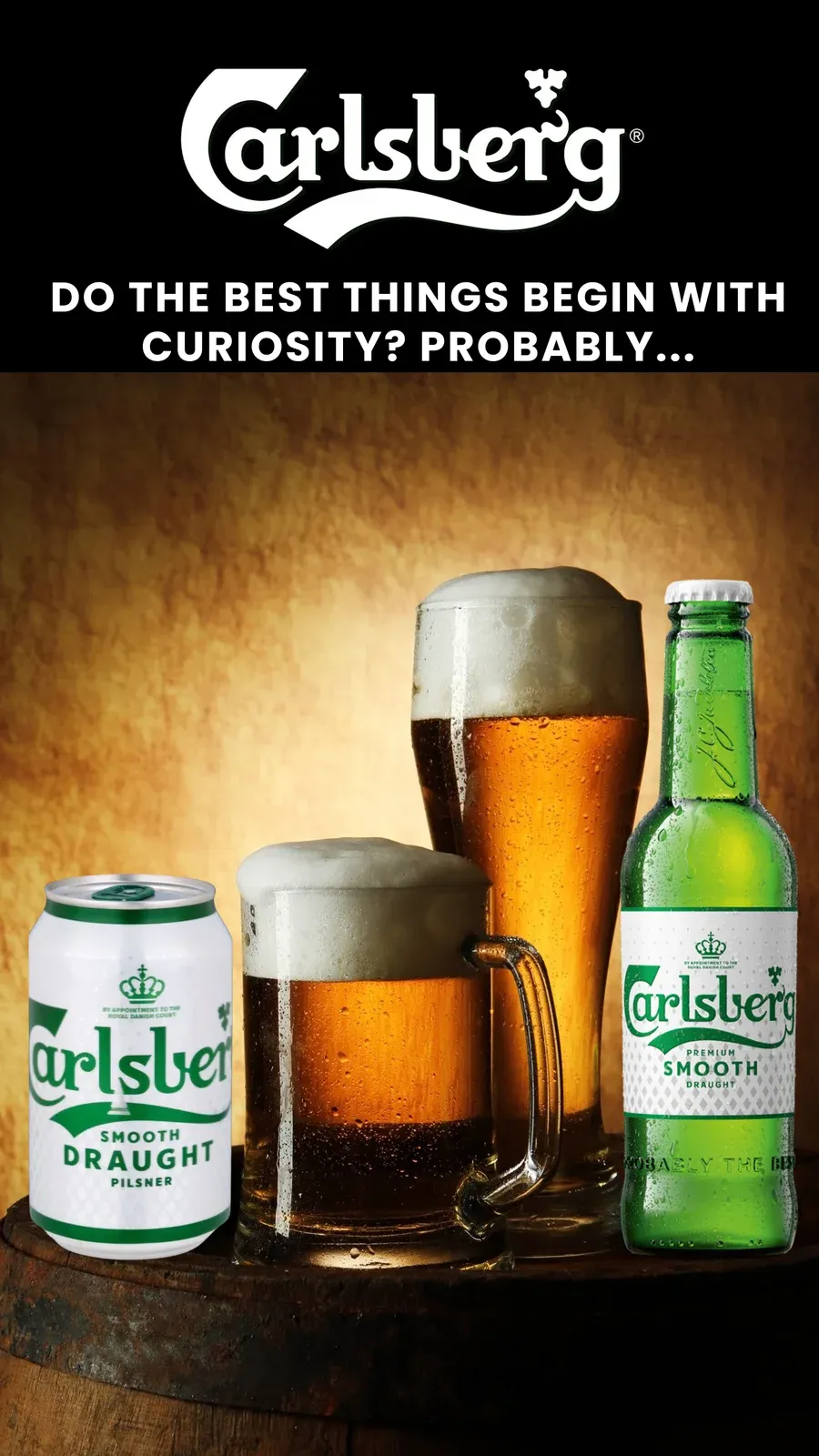Carlsberg poster showing a Smooth Draught can, a bottle and two glasses of beer