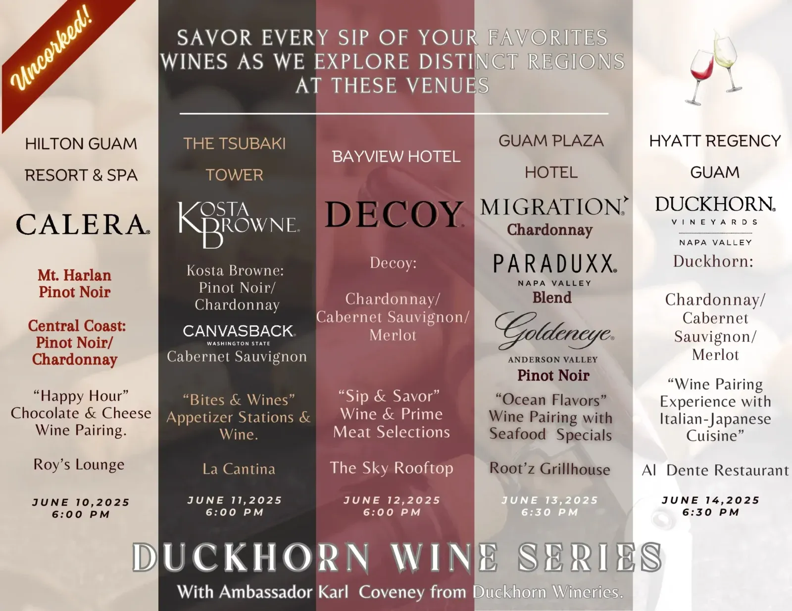 The Duckhorn Wine Series flyer: five nights, June 10 to 14, 2025, at the Hilton, The Tsubaki Tower, the Bayview Hotel, Guam Plaza Hotel and the Hyatt Regency, with Ambassador Karl Coveney