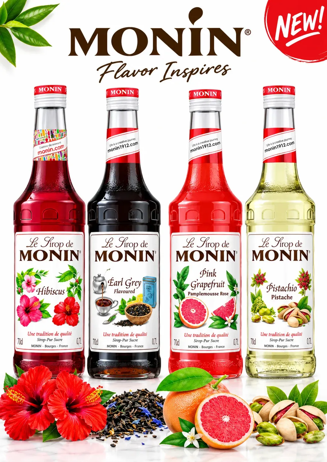 Monin new flavors poster with Hibiscus, Earl Grey, Pink Grapefruit and Pistachio syrup bottles
