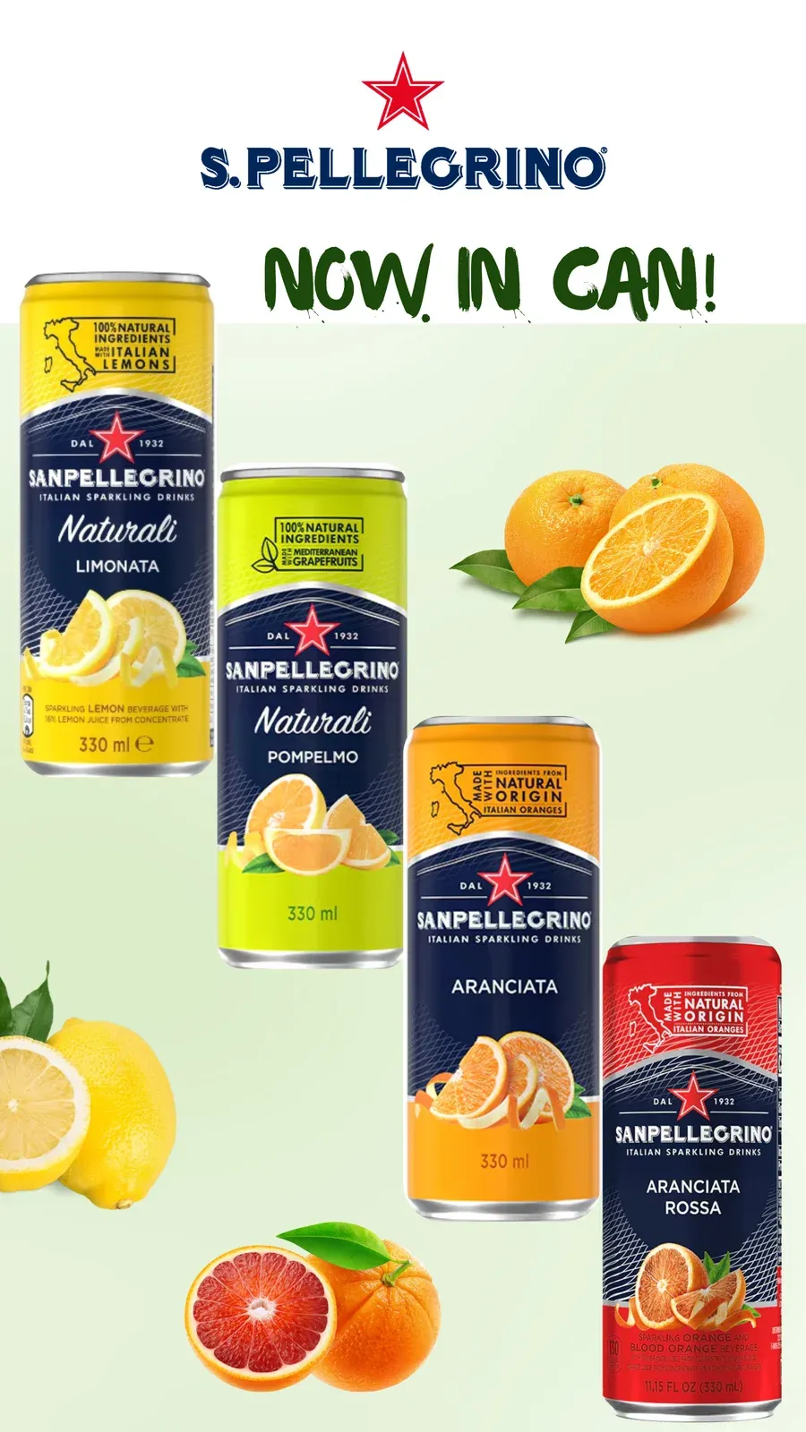 S.Pellegrino banner reading Now in can, with four Sanpellegrino fruit drink cans among lemons and oranges